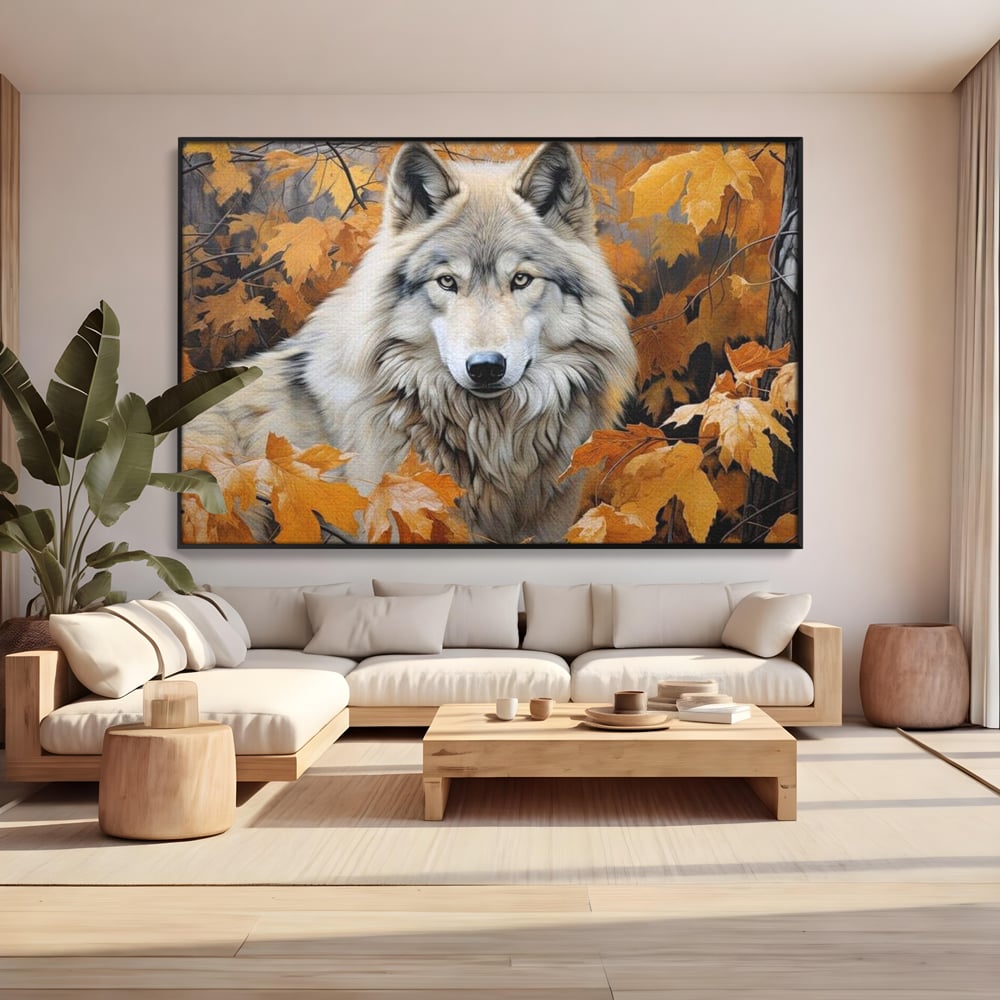 Tablou canvas cu tablou canvas cu lup in toamna, in rama de aluminiu negru, pe perete intr-un living